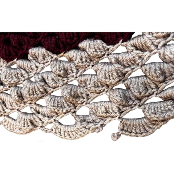 Handmade Crochet Shell Stitch Oval Afghan Throw Burgundy Tan 57x42" Open Weave - Picture 5 of 6